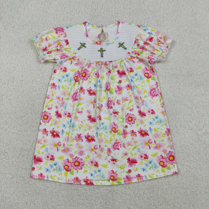 Sibling Baby Girls Smocked Floral Crosses Easter Knee Length Dresses