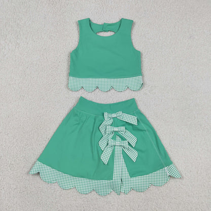 Sibling Baby Girls Green Checked Scallop Yoga Active Skirt Short Dress Clothes Sets