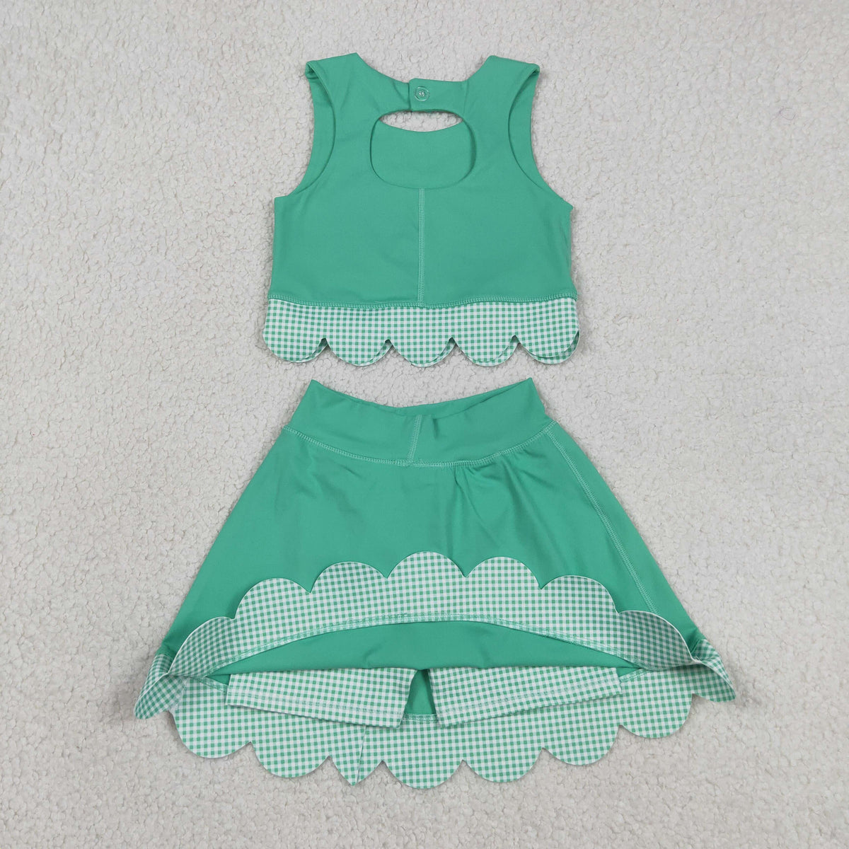 Sibling Baby Girls Green Checked Scallop Yoga Active Skirt Short Dress Clothes Sets