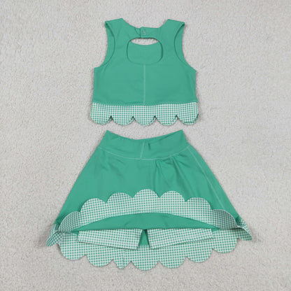 Sibling Baby Girls Green Checked Scallop Yoga Active Skirt Short Dress Clothes Sets