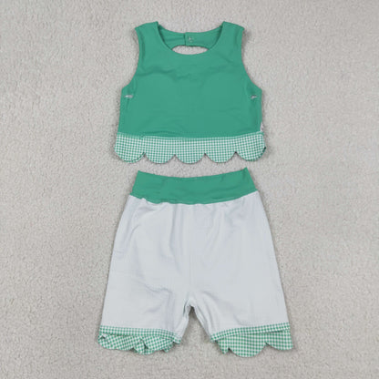 Sibling Baby Girls Green Checked Scallop Yoga Active Skirt Short Dress Clothes Sets