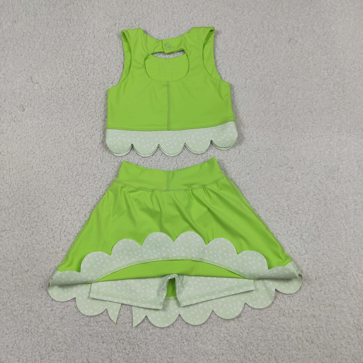 GSD3322 Baby Girls Green Vests Bows Skirt Short Yoga Active Scallop Clothes Set