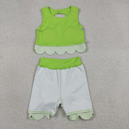 GSD3322 Baby Girls Green Vests Bows Skirt Short Yoga Active Scallop Clothes Set