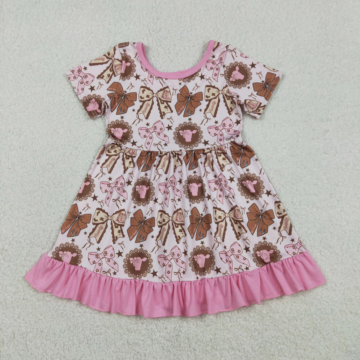 GSD3384 Baby Girls Bows Highland Cows Western Ruffle Knee Length Dresses