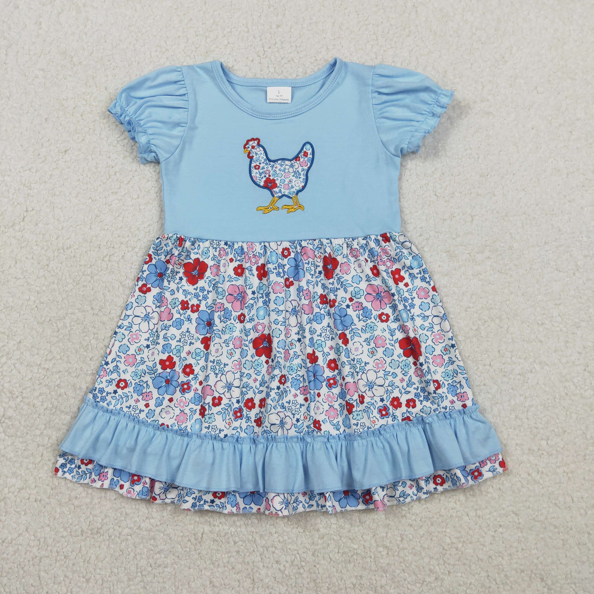 GSD3418 Baby Girls Short Sleeve Embroidery Floral Chick Farm Ruffle Knee Length Dresses