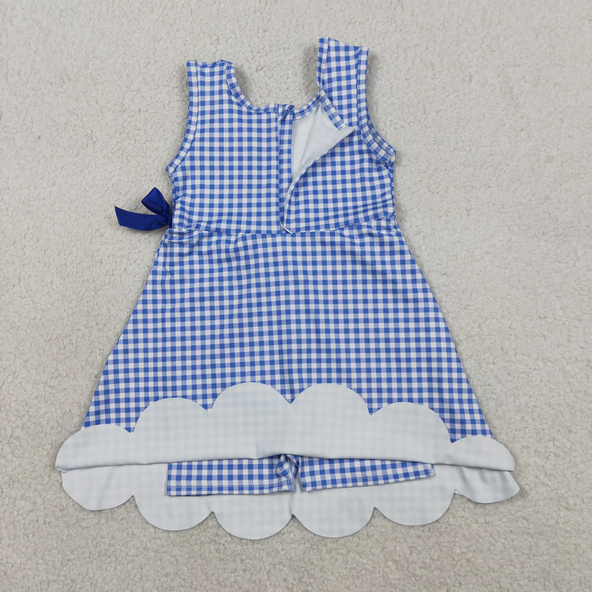 Sibling Baby Girls Blue Orange Checked Yoga Active Shorts Scallop Knee Length Dresses