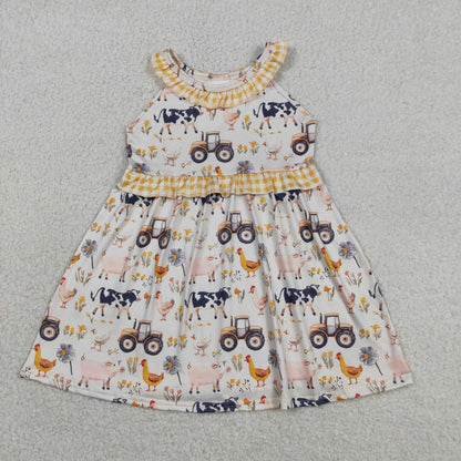 Sibling Baby Girls Pigs Cows Tunic Checked Ruffle Short Farm Clothes Set Rompers