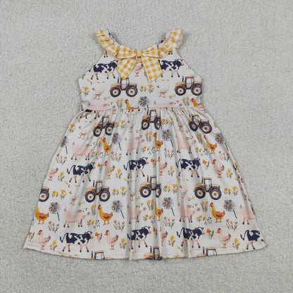 GSD3476 Baby Girls Sleeveless Cows Pigs Farm Knee Length Dresses