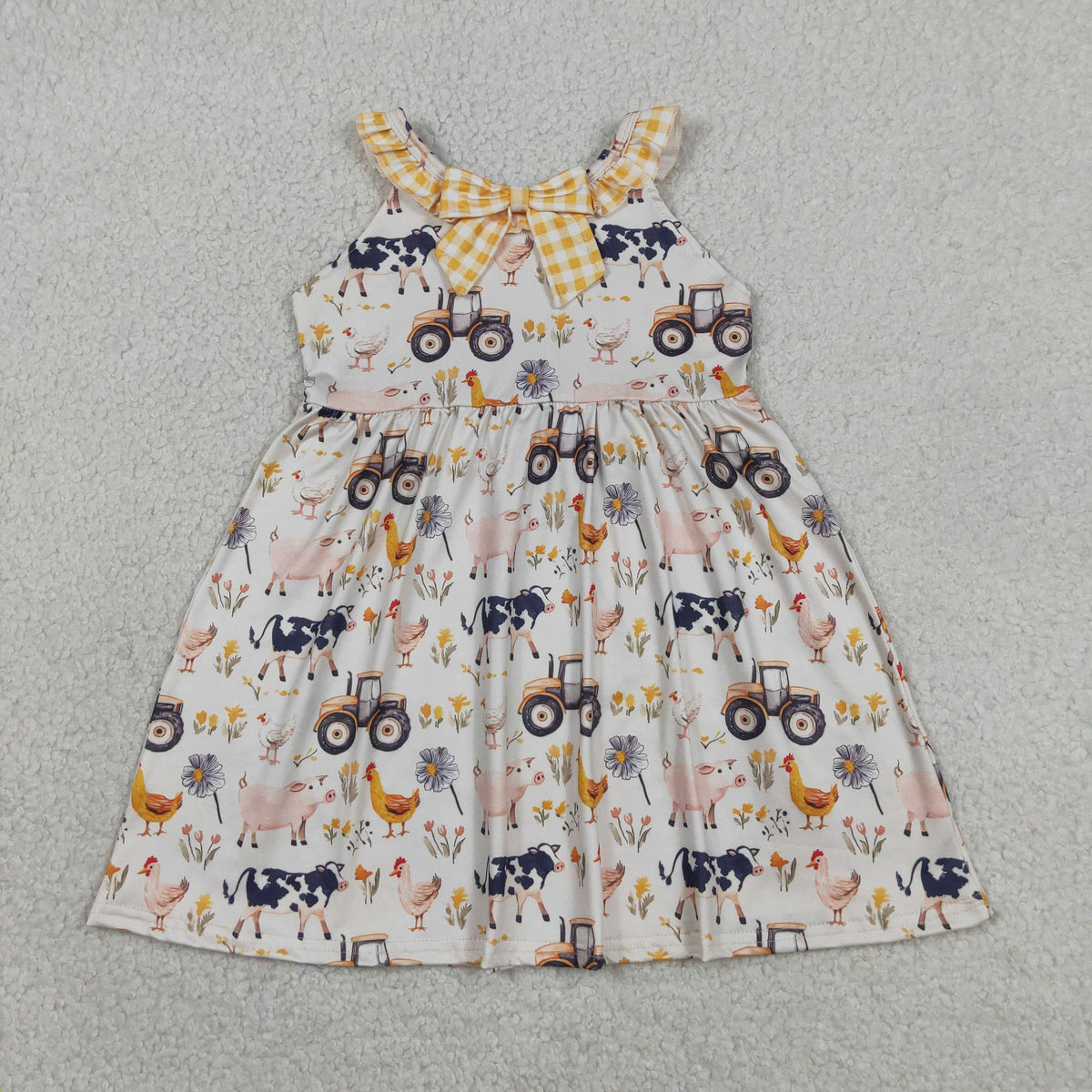 Sibling Baby Girls Pigs Cows Tunic Checked Ruffle Short Farm Clothes Set Rompers