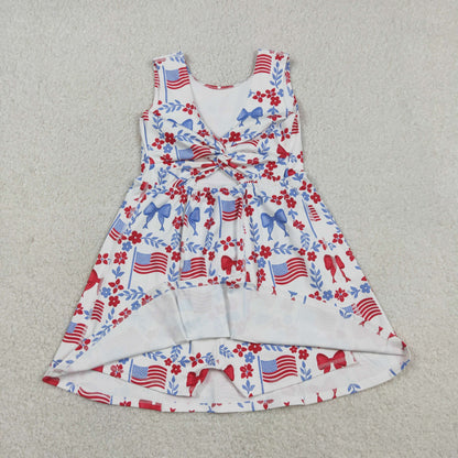 Sibling Baby Girls Flag Flower Bows Checked Pockets Short 4th of July Clothes Set Active Dresses