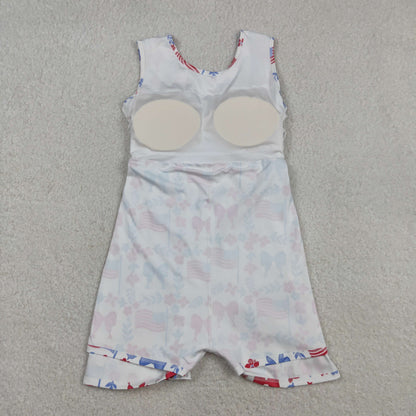 Sibling Baby Girls Flag Flower Bows Checked Pockets Short 4th of July Clothes Set Active Dresses