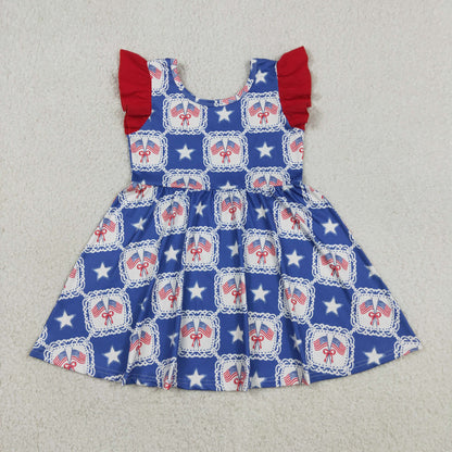 Sibling Baby Girls Bows Flags Stars Checked 4th of July Knee Length Dress Jumpsuits
