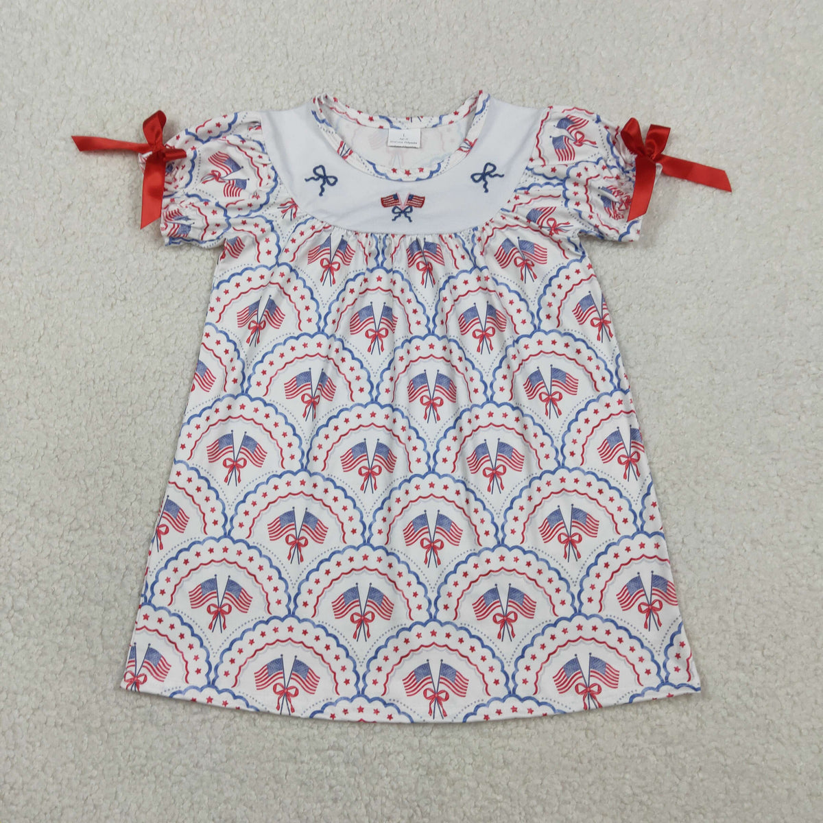Sibling Baby Girls Embroidery Bows Flags Checked 4th of July Knee Length Dresses