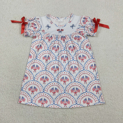 Sibling Baby Girls Embroidery Bows Flags Checked 4th of July Knee Length Dresses