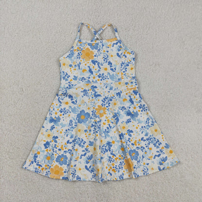 Sibling Baby Girls Strap Bows Flowers Yoga Active Shorts Knee Length Dresses