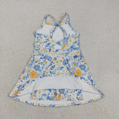 Sibling Baby Girls Strap Bows Flowers Yoga Active Shorts Knee Length Dresses