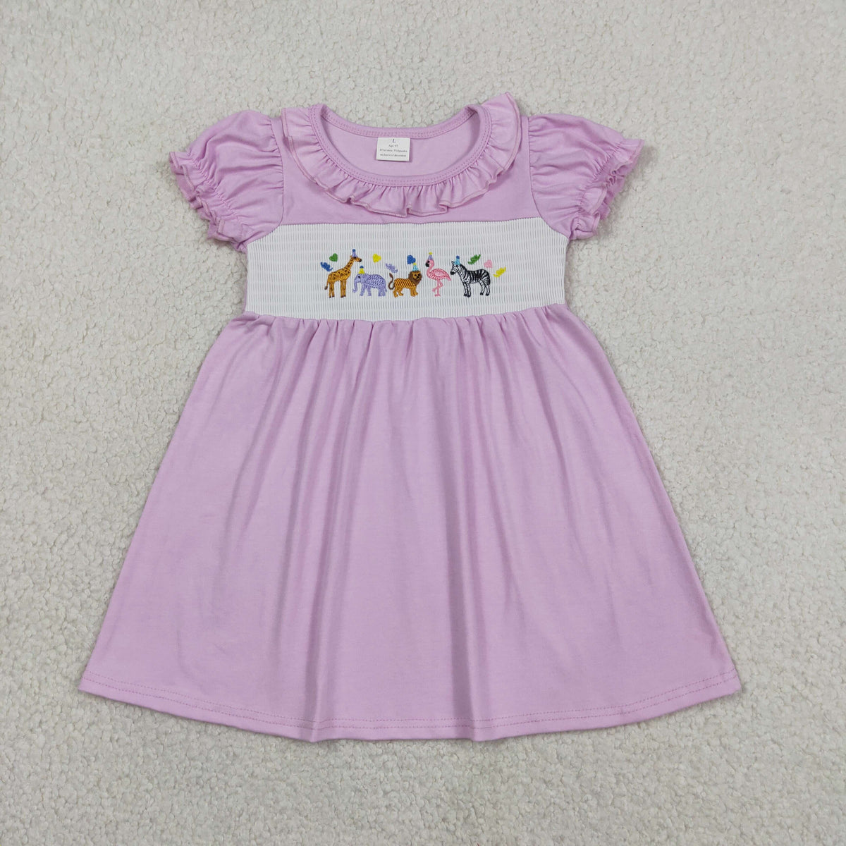 GSD3578 Baby Girls Lavender Short Ruffle Sleeve Smocked Animals Knee Length Dresses