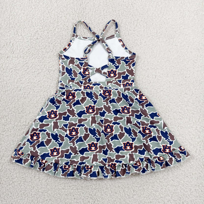 GSD3588 Baby Girls Strap Auburn Camo Team Yoga Active Short Ruffle Knee Length Dress