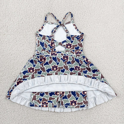 GSD3588 Baby Girls Strap Auburn Camo Team Yoga Active Short Ruffle Knee Length Dress