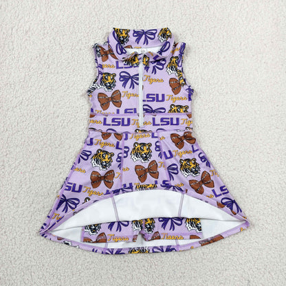 Sibling Baby Girls Sleeveless Zip LSU Leaves Yoga Active Short Knee Length Dresses