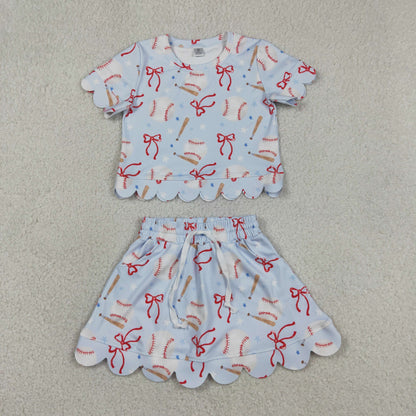 Sibling Baby Girls Bows Baseballs Softballs Top Skirt Short Team Yoga Active Scallop Clothes Sets