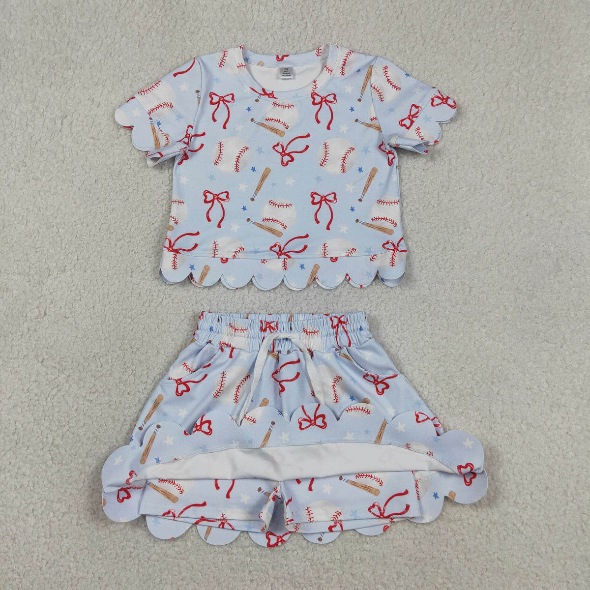 Sibling Baby Girls Bows Baseballs Softballs Top Skirt Short Team Yoga Active Scallop Clothes Sets