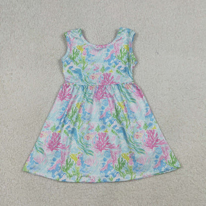 Sibling Baby Girls Sleeveless Colorful Sea Plants Knee Length Dress Rompers
