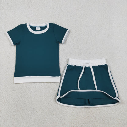 GSD3670 Baby Girls Dark Green Short Sleeve Top Skirt Short Cotton Clothes Set