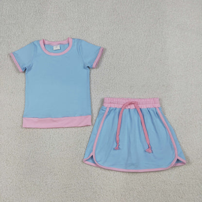 GSD3671 Baby Girls Blue Short Sleeve Top Skirt Short Cotton Clothes Set