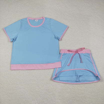 Mama and Me Girls Blue Short Sleeve Shirt Top Skirt Short Cotton Clothes Sets