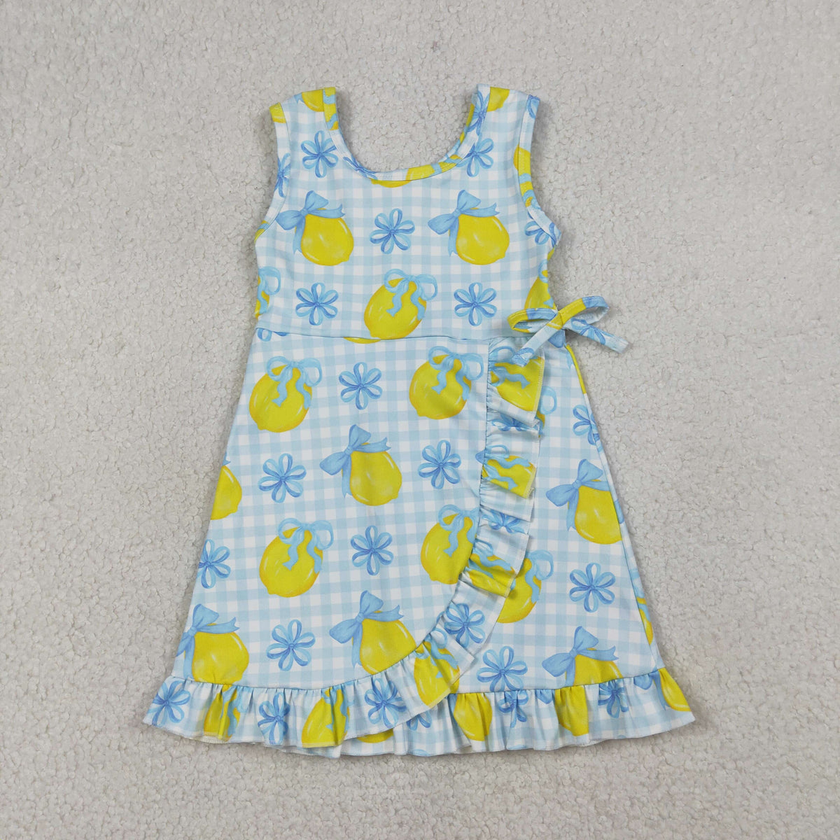 Sibling Baby Girls Pink Blue Checked Bows Lemons Yoga Active Shorts Knee Length Dress