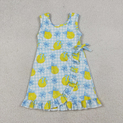 Sibling Baby Girls Pink Blue Checked Bows Lemons Yoga Active Shorts Knee Length Dress
