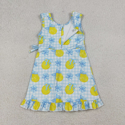 Sibling Baby Girls Pink Blue Checked Bows Lemons Yoga Active Shorts Knee Length Dress