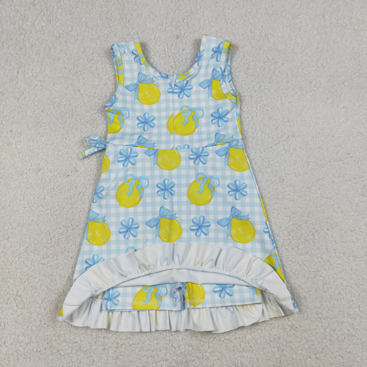 Sibling Baby Girls Pink Blue Checked Bows Lemons Yoga Active Shorts Knee Length Dress