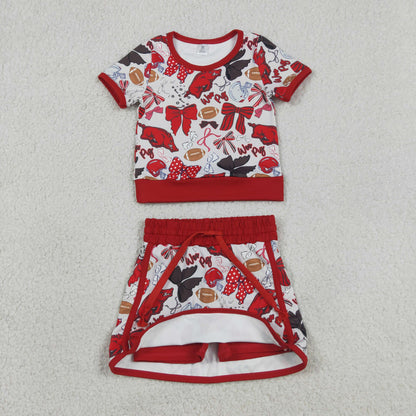 Sibling Baby Girls Short Sleeve Bows Footballs Top Skirt Shorts Team Clothes Sets