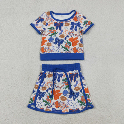 Sibling Baby Girls Short Sleeve Bows Footballs Top Skirt Shorts Team Clothes Sets