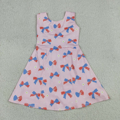 GSD3748 Baby Girls Blue Red Bows Flowers 4th of July Yoga Active Short Knee Length Dress