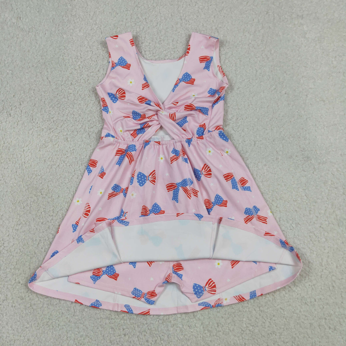 GSD3748 Baby Girls Blue Red Bows Flowers 4th of July Yoga Active Short Knee Length Dress