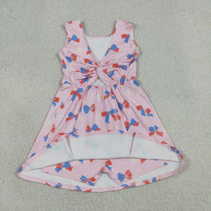 GSD3748 Baby Girls Blue Red Bows Flowers 4th of July Yoga Active Short Knee Length Dress