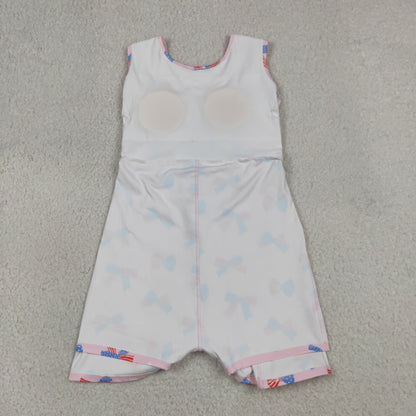 GSD3748 Baby Girls Blue Red Bows Flowers 4th of July Yoga Active Short Knee Length Dress
