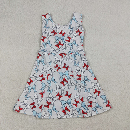GSD3752 Baby Girls Red Blue Bows Plaid 4th of July Yoga Active Short Knee Length Dress