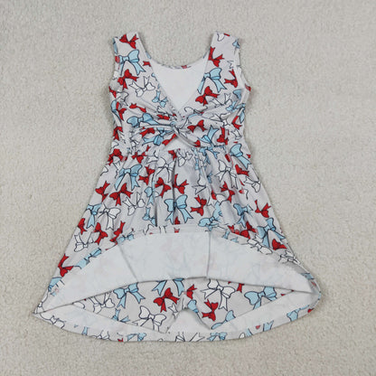 GSD3752 Baby Girls Red Blue Bows Plaid 4th of July Yoga Active Short Knee Length Dress