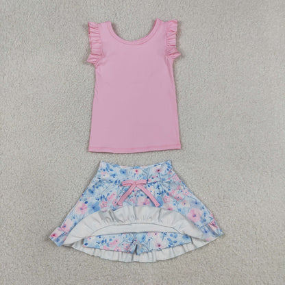Sibling Baby Girls Sleeveless Vest Top Flowers Skirt Shorts Yoga Active Clothes Sets