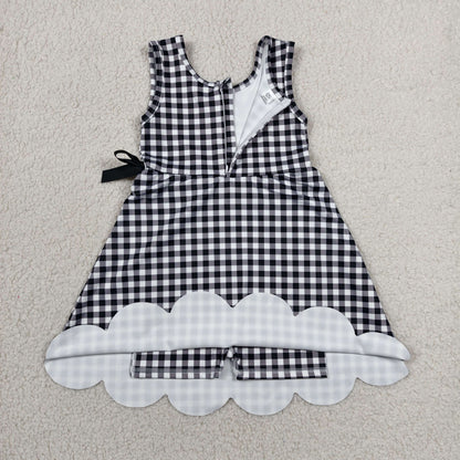 Sibling Baby Girls Blue Orange Checked Yoga Active Shorts Scallop Knee Length Dresses