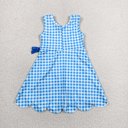 Sibling Baby Girls Blue Orange Checked Yoga Active Shorts Scallop Knee Length Dresses