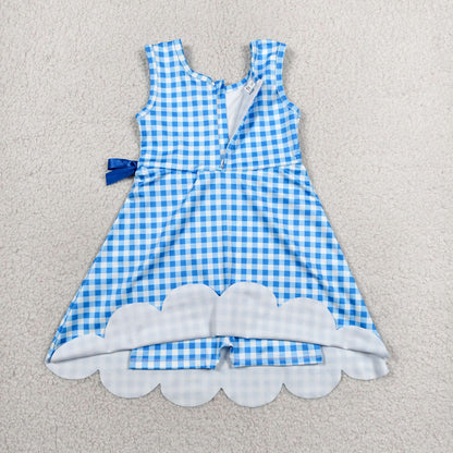 Sibling Baby Girls Blue Orange Checked Yoga Active Shorts Scallop Knee Length Dresses