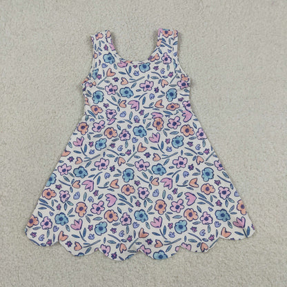 GSD3808 Baby Girls Sleeveless Colorful Flowers Yoga Active Short Scallop Knee length Dress