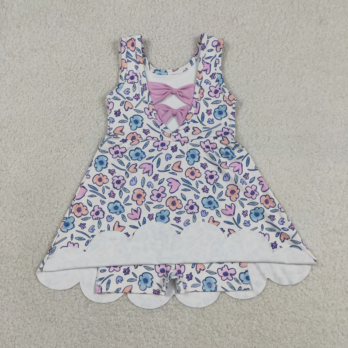 Sibling Baby Girls Sleeveless Bows Flowers Yoga Active Shorts Scallop Knee Length Dresses