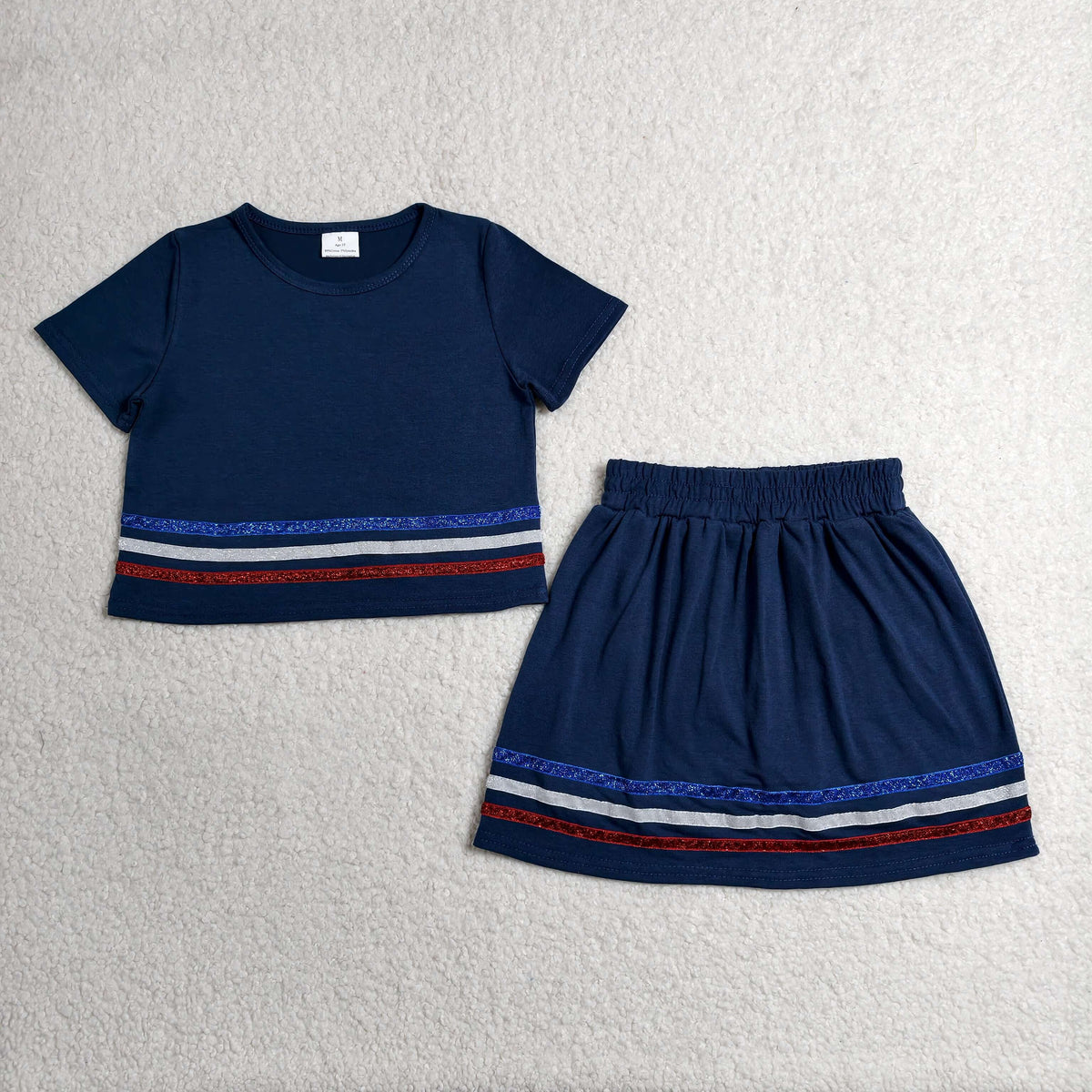 GSD3811 Baby Girls Blue Red Grey Stripe Short Sleeve Top Skirt Short Navy Clothes Set