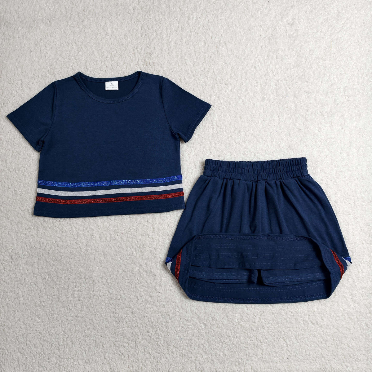 GSD3811 Baby Girls Blue Red Grey Stripe Short Sleeve Top Skirt Short Navy Clothes Set